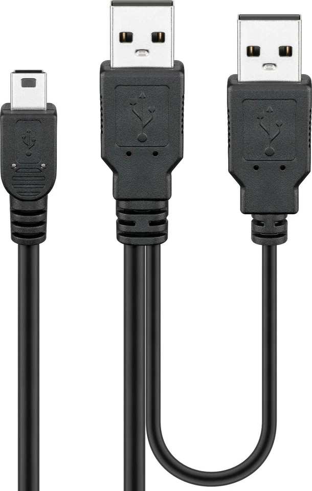 Mini USB 2.0 Y Kabel 5 polig trapez 2,5" 2x USB A Stecker -> 1x USB Mini 0,6m - Bild 1 von 1