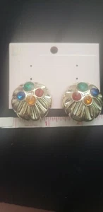Clip earrings, signed KMQ multicolored faux stone, goldtone vintage - Picture 1 of 2