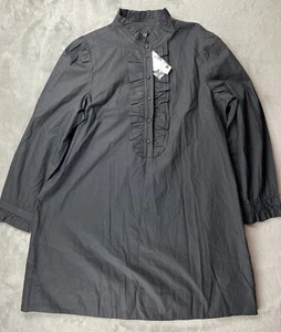 J Crew Dress Womens Large Black Ruffle Front Cotton Poplin Long Sleeve Button Up - Picture 1 of 10
