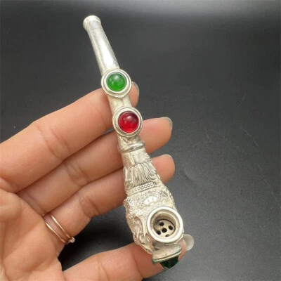 Colección Tibetano Plata Incrustaciones Jade Dragón Fénix Porta Cigarrillos Pipas Foto 1 de 4