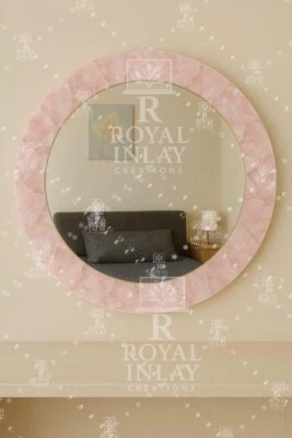 Espejo de pared redondo de cuarzo rosa de 24" hecho a mano tocador de cristal de lujo decoración Foto 1 de 4