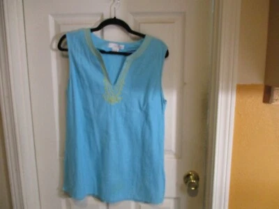 Lucy & Laurel Sleeveless Turquoise w Yellow Embroidery Trim Linen Blend Top - L - Image 1 of 4