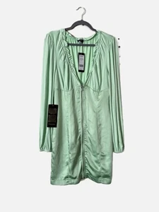 Bebe Women Pastel Green Twill V-Neck Zipper Front Dress Fully Lined Size L New. - Picture 1 of 6