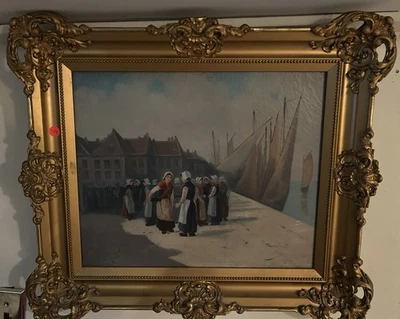 Painting Of Dutch Women On Fishing Wharf Sgd. - Image 1 of 4