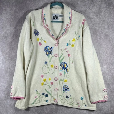 Storybook Knits Cardigan Sweater Womens 1X Cream Knit Embroidered Floral Artsy - Image 1 of 4