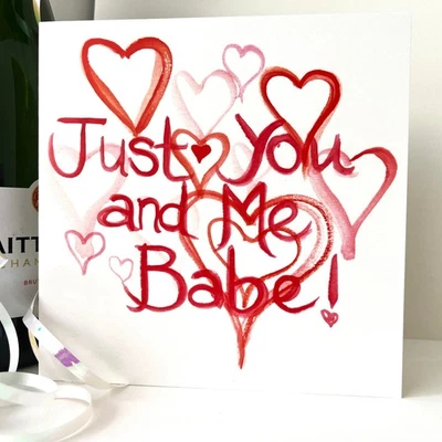 "JUST YOU AND ME"CARD; HAND DRAWN;HEARTS;BLANK INSIDE;LGBQT;LOVE;RED;QUIRKY - Image 1 of 4