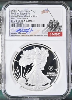 2025 P Silver Eagle US Marine Corp 250th Privy NGC PF70 primer día emisión preventa Foto 1 de 3