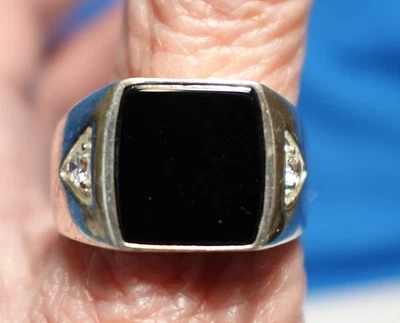 STERLING SILVER ONYX CLEAR STONE RING MENS SIZE 11   7.8 GRAMS - Image 1 of 3