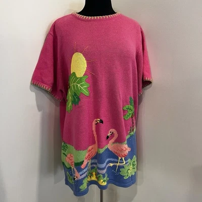 Quacker Factory Flamingo Sweater 1X Pink Beaded Embroidered Knit Plus Size 80s - Image 1 of 4