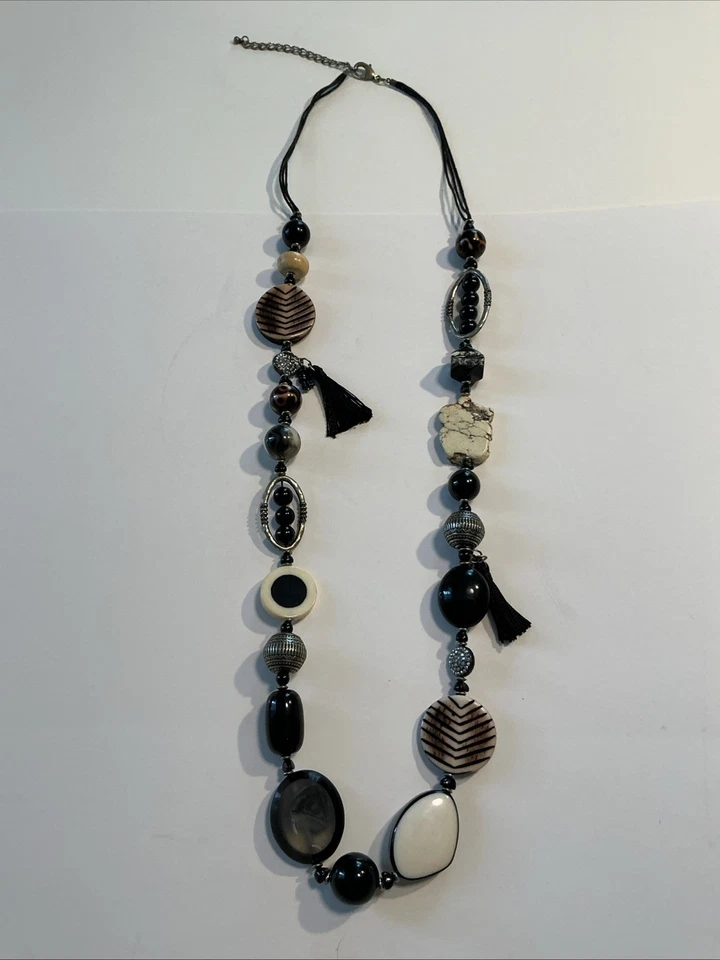 Chunky Black Gray Brown Silver Shell Bead Stone Necklace Long - Image 1 of 4