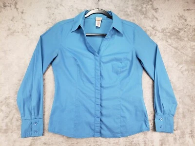 Blusa Camisa Azul Covington Para Mujer Talla Pequeña Manga Larga Oculta Con Botones  Foto 1 de 4
