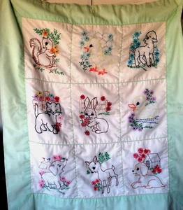 Manta Edredón Bebé Hecha a Mano Aplicada Bebé Animales Verde 35"x30" Gatito Elefante - Imagen 1 de 10