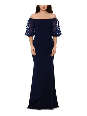 XSCAPE Mujer Vestido Sirena Forrado Drapeado Azul Marino Manga Globo Formal Pequeño 4P Foto 1 de 3