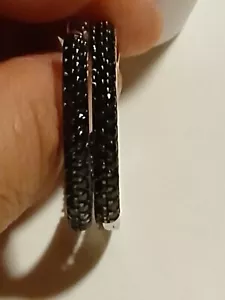 Black Spinel “Inside Out” Hoop Earrings, 925 Sterling Silver, Omega Back, NEW - Picture 1 of 18