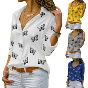 Women Butterfly Print Long Sleeve T-Shirt Turn-Down Collar Shirt Blouses Tops - Picture 1 of 69