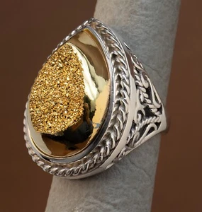 Anillo de plata esterlina lágrima de cuarzo dorado druso Pangea Mines tamaño 9,25 16,1 g - Imagen 1 de 9