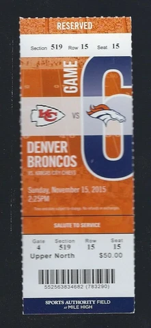 2015 NFL CHIEFS @ BRONCOS FULL FOOTBALL TICKET - MANNING PASSING YARD RECORD Cover