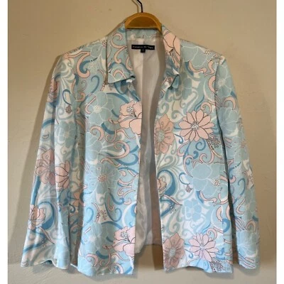 Preston & York Open Front Linen Blazer Jacket Blue Pink Pastel Floral Womens 14 - Image 1 of 4