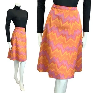 VTG 60S 70S PINK ORANGE PURPLE YELLOW GEOMETRIC ZIG ZAG CHEVRON A LINE SKIRT 12 - Picture 1 of 11