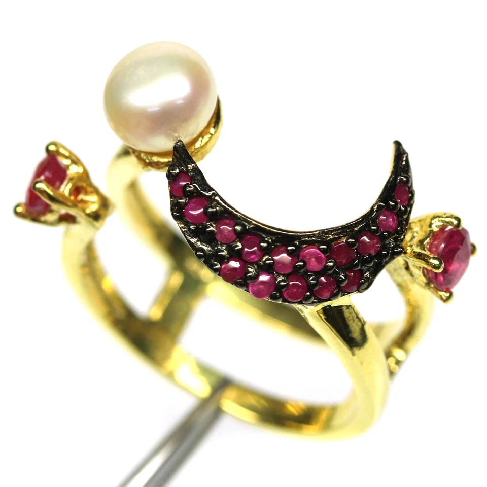 Piedra preciosa 6 mm. Anillo Joyería Perla Blanca y Rubí Rojo Plata 925 Oro 18K Talla 8.5 Foto 1 de 4