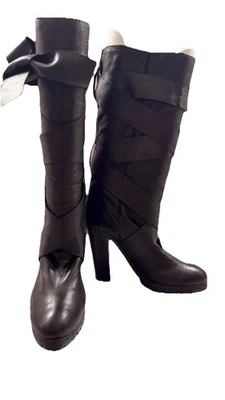 Chloe Tall Leather Boots Black Heeled Lug Sole Wrap Around Leather Strap - Image 1 of 4