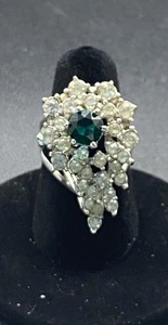 Vintage 18k HGE Gold Plated Green & Clear Rhinestone Ring Size 5.75 Cocktail - Picture 1 of 10