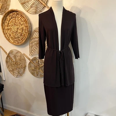 Eileen Fisher Silk Knit Matching Set Cardigan Midi Skirt Brown Minimalist PL/M - Image 1 of 4