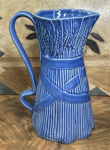 Bordallo Pinheiro Portugal Pitcher 10.25" Blue Wheat Ears & Ribbon Vintage - Picture 1 of 5