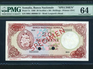 Somalia:P-7s,20 Scellini / Sh.,1966 * Banana * TDLR Specimen * PMG Ch. UNC 64 * - Picture 1 of 2