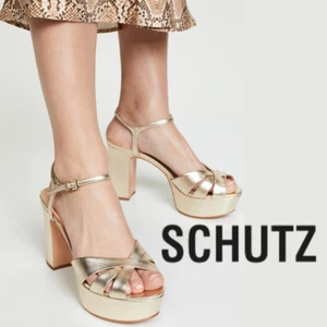 SCHUTZ Keefa Glam Platform Sandal Block Heel Gold Metallic Leather Strappy Sz 8 - Picture 1 of 17