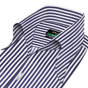 Camisa de algodón para hombre John Clothier cuello alto abierto con lazo azul blanco toldo rayas - Imagen 1 de 11