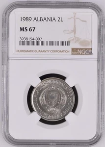 1989 Albania 2 Leke NGC MS 67 *TOP POP* (National Arms/Wheat) *Copper-Nickel* - Picture 1 of 2