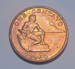 1960 Philippines Centavo Coat Of Arms Seated Man Hammer Anvil Volcano 3.08g 19mm - Picture 1 of 6