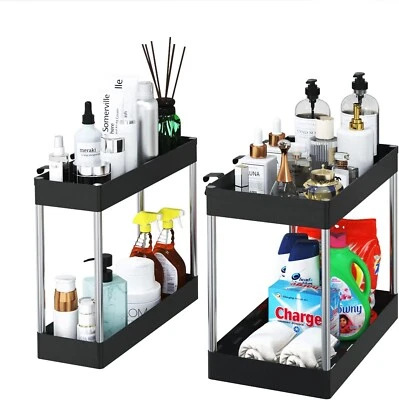 2 Pack Under Sink 2-Tier Shelf Storage Organiser with Hooks - Black - Image 1 of 4