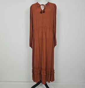 Knox Rose Kleid XL braun Bindekragen Stufen Langarm BOHO Rüschen gesmokt - Bild 1 von 20