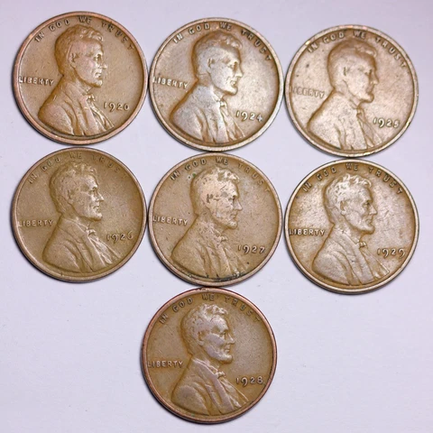 7 Different 1920's Lincoln Wheat Cent Penny LOWEST PRICE ON THE BAY! FREE SHIP Cover