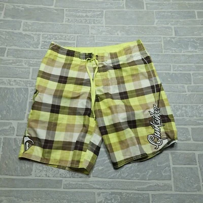Pantalones Cortos De Colección Quiksilver Para Hombres 37 Amarillo Marrón A Cuadros Bordado Logo Natación Foto 1 de 4
