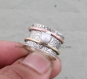 Pearl Round Stone Three Tone 925 Sterling Silver Anxiety Spinner Ring For Women - Picture 1 of 6