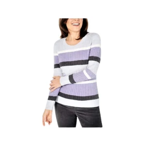Karen Scott Womens Purple Gray Color Block Cable Crew Knit Sweater Petite XL - Picture 1 of 9