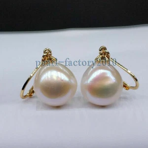 NEW AAA+ 12-13mm South Sea White Pearl Earrings 14K YELLOW GOLD baroque - Picture 1 of 2