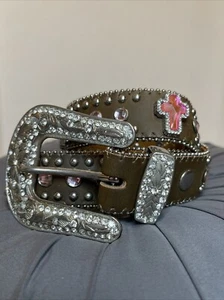 Nocona Children’s Medium Brown Leather Pink Cross Crystal Belt Size 22 - Picture 1 of 7