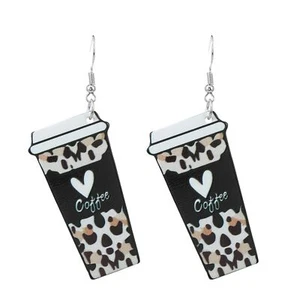 Coffee Cup Earrings Acrylic Funny Leopard Print Love Heart Cafe Drinks Lightweig - Picture 1 of 5