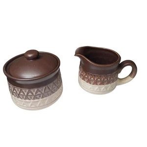 Stoneware Creamer Sugar Vintage Brown Ombre Japan 3 Inch Tall Coffee Tea Bar - Picture 1 of 8