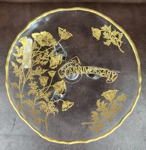 Vintage 50th Anniversary Clear Footed Scalloped Glass Plate Gold Trim W Flowers - Picture 1 of 4
