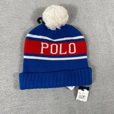Polo Ralph Lauren США вязаный Pom Beanie шляпа мужской синий красный белый шерстяная смесь новый с Ярлыками - Изображение 1 из 4