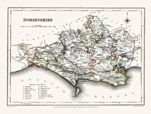 Vintage English County Map of Dorset 1848 Antique Repro Wall Art Print A3 A4 - Picture 1 of 6