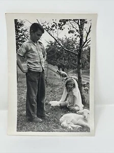 Found Photo Boy Girl Lamb Sheep Dress Up Farm Veil Animal 40s 50s 5x7 Farm - Picture 1 of 4