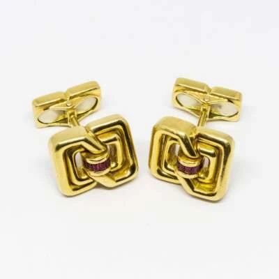 Baguette-Cut Rubies Channel Settings Mounted In 10K Yellow Gold Men's Cufflinks - Image 1 of 4