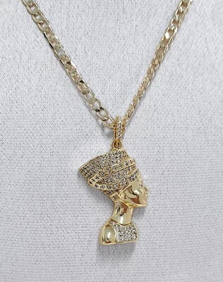 Colgante de la reina egipcia Nefertiti relleno de oro de 9 quilates en cadena de bordillo de 24" para mujer - Imagen 1 de 4