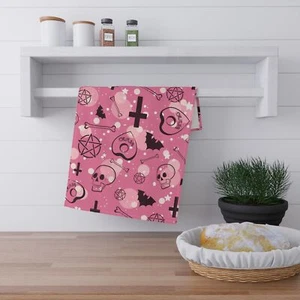 Skulls Tea Towel - Witchy, Ouija, Pentagram, Pink & Black, Inverted Cross - Picture 1 of 5